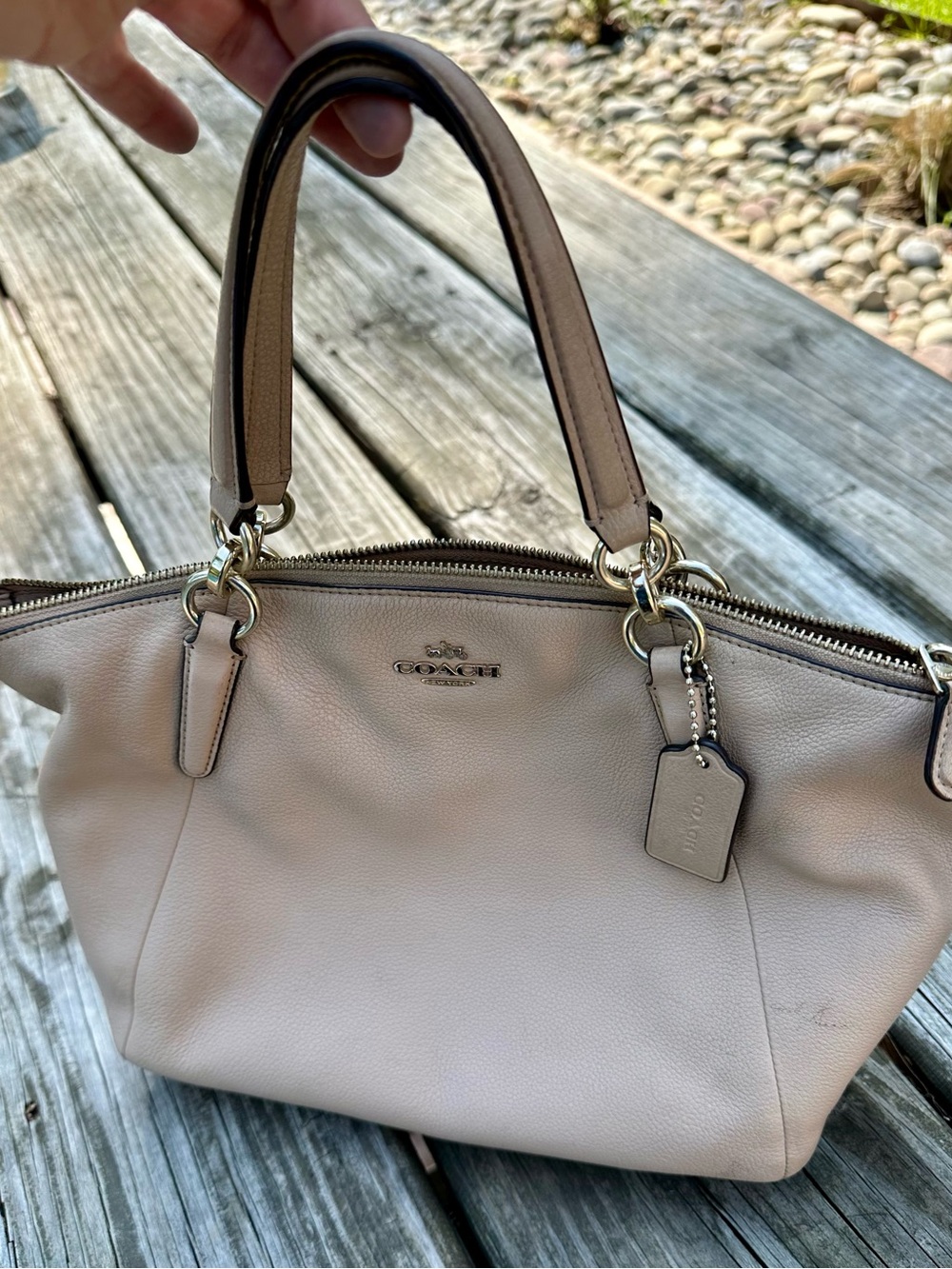 Coach Pebble Leather Satchel in Taupe and Dark Brown Trim